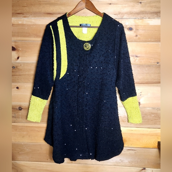 Vintage Song & Sung Colorblock Sequined Cardigan Longline Womens S Black Yellow - Picture 1 of 10